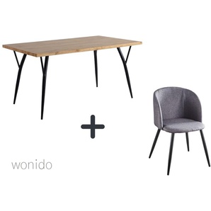 Moderne Esstischgruppe, 150x90 cm, aus MDF mit Eiche-Dekor, Beine Metall, 6 Stuhl-Sets zur Auswahl  Tisch + Armlehnstuhl hellgrau