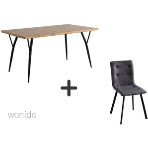 Moderne Esstischgruppe, 150x90 cm, aus MDF mit Eiche-Dekor, Beine Metall, 6 Stuhl-Sets zur Auswahl  Tisch + Stuhl bequem dunkelgrau