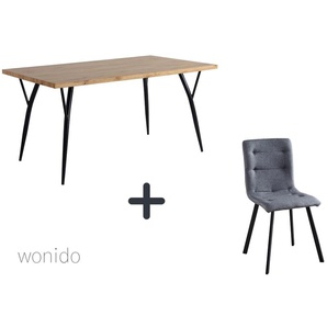 Moderne Esstischgruppe, 150x90 cm, aus MDF mit Eiche-Dekor, Beine Metall, 6 Stuhl-Sets zur Auswahl  Tisch + Stuhl bequem hellgrau