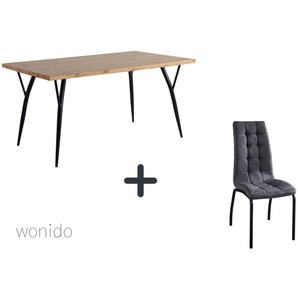 Moderne Esstischgruppe, 150x90 cm, aus MDF mit Eiche-Dekor, Beine Metall, 6 Stuhl-Sets zur Auswahl  Tisch + Stuhl mit hoher Rückenlehne dunkelgrau