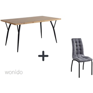 Moderne Esstischgruppe, 150x90 cm, aus MDF mit Eiche-Dekor, Beine Metall, 6 Stuhl-Sets zur Auswahl  Tisch + Stuhl mit hoher Rückenlehne hellgrau