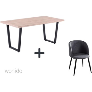 Moderne Esstischgruppe, 160x90 cm, aus MDF mit Dekor Sonoma Eiche, Gestell Metall, 6 Stuhl-Sets zur Auswahl  Tisch + Armlehnstuhl dunkelgrau