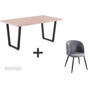 Moderne Esstischgruppe, 160x90 cm, aus MDF mit Dekor Sonoma Eiche, Gestell Metall, 6 Stuhl-Sets zur Auswahl  Tisch + Armlehnstuhl hellgrau