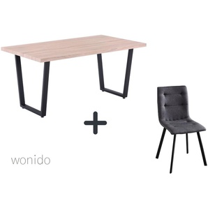 Moderne Esstischgruppe, 160x90 cm, aus MDF mit Dekor Sonoma Eiche, Gestell Metall, 6 Stuhl-Sets zur Auswahl  Tisch + Stuhl bequem dunkelgrau