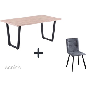 Moderne Esstischgruppe, 160x90 cm, aus MDF mit Dekor Sonoma Eiche, Gestell Metall, 6 Stuhl-Sets zur Auswahl  Tisch + Stuhl bequem hellgrau