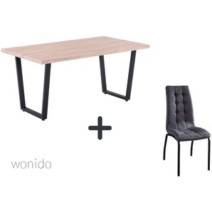 Moderne Esstischgruppe, 160x90 cm, aus MDF mit Dekor Sonoma Eiche, Gestell Metall, 6 Stuhl-Sets zur Auswahl  Tisch + Stuhl mit hoher Rückenlehne dunkelgrau