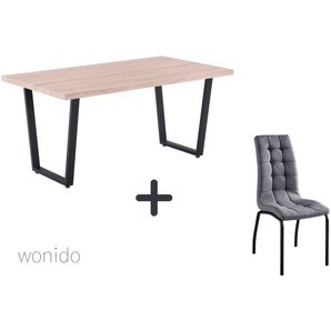 Moderne Esstischgruppe, 160x90 cm, aus MDF mit Dekor Sonoma Eiche, Gestell Metall, 6 Stuhl-Sets zur Auswahl  Tisch + Stuhl mit hoher Rückenlehne hellgrau