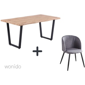 Moderne Esstischgruppe, 160x90 cm, aus MDF mit Dekor Wildeiche, Gestell Metall, 6 Stuhl-Sets zur Auswahl  Tisch + Armlehnstuhl hellgrau