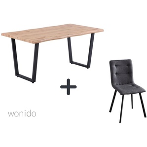 Moderne Esstischgruppe, 160x90 cm, aus MDF mit Dekor Wildeiche, Gestell Metall, 6 Stuhl-Sets zur Auswahl  Tisch + Stuhl bequem dunkelgrau
