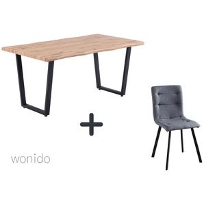 Moderne Esstischgruppe, 160x90 cm, aus MDF mit Dekor Wildeiche, Gestell Metall, 6 Stuhl-Sets zur Auswahl  Tisch + Stuhl bequem hellgrau