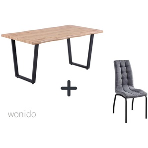 Moderne Esstischgruppe, 160x90 cm, aus MDF mit Dekor Wildeiche, Gestell Metall, 6 Stuhl-Sets zur Auswahl  Tisch + Stuhl mit hoher Rückenlehne hellgrau