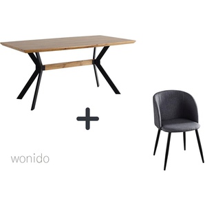 Moderne Esstischgruppe, 160x90 cm, aus MDF mit Eiche-Dekor, Beine Metall, 6 Stuhl-Sets zur Auswahl  Tisch + Armlehnstuhl dunkelgrau
