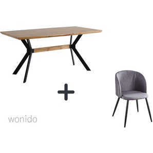 Moderne Esstischgruppe, 160x90 cm, aus MDF mit Eiche-Dekor, Beine Metall, 6 Stuhl-Sets zur Auswahl  Tisch + Armlehnstuhl hellgrau