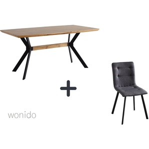 Moderne Esstischgruppe, 160x90 cm, aus MDF mit Eiche-Dekor, Beine Metall, 6 Stuhl-Sets zur Auswahl  Tisch + Stuhl bequem dunkelgrau