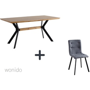 Moderne Esstischgruppe, 160x90 cm, aus MDF mit Eiche-Dekor, Beine Metall, 6 Stuhl-Sets zur Auswahl  Tisch + Stuhl bequem hellgrau