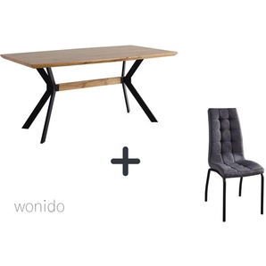 Moderne Esstischgruppe, 160x90 cm, aus MDF mit Eiche-Dekor, Beine Metall, 6 Stuhl-Sets zur Auswahl  Tisch + Stuhl mit hoher Rückenlehne dunkelgrau