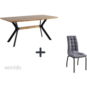 Moderne Esstischgruppe, 160x90 cm, aus MDF mit Eiche-Dekor, Beine Metall, 6 Stuhl-Sets zur Auswahl  Tisch + Stuhl mit hoher Rückenlehne hellgrau