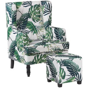 Moderner Sessel mit Fußhocker weiß/grüner Polsterbezug mit Blättermuster Sandset