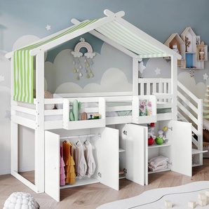 MODFU Kinderbett Etagenbett 90x200cm mit Fallschutzgitter, 1 Kleiderschrank und 2 Schließfächer, Holzbett Hausbett mit 3 Schließfächer in der Treppe,Weiß+Grün(Ohne Matratze)