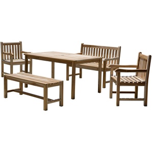 Möbilia Sitzgruppe 2 x Armlehnstühle + 1 Tisch + 2 x Bänke Teak