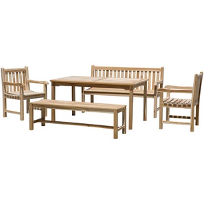 Möbilia Sitzgruppe 2 x Armlehnstühle + 2 x Bänke + 1 Tisch Teak