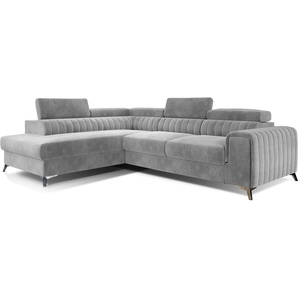 MOEBLO Ecksofa mit Schlaffunktion und Bettkasten, Couch für Wohnzimmer, Schlafsofa Sofagarnitur L-Form Wohnlandschaft mit Bettfunktion 278x92x205 cm OLIVIER (Links, Silber - Paros 5)