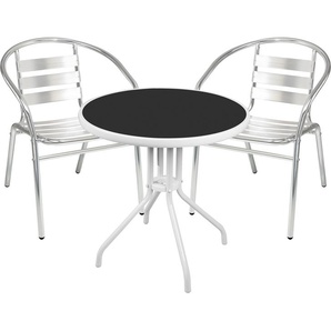 Mojawo Bistrogarnitur 3-teilig Metall /Glasplatte rund weiß - Alu Stühle