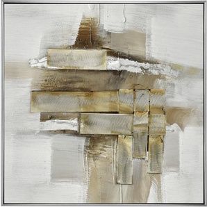 Monee Ölgemälde, Braun, Weiß, Holz, Metall, Textil, Kiefer, vollmassiv, quadratisch, 55x55 cm, handgemalt, 3D-Effekt, gerahmt, Bilder, Ölgemälde
