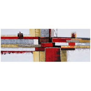 Monee Ölgemälde, Gelb, Grau, Rot, Holz, Metall, Textil, Tanne, vollmassiv, rechteckig, 150x55x3.5 cm, handgemalt, Keilrahmen, Bilder, Ölgemälde