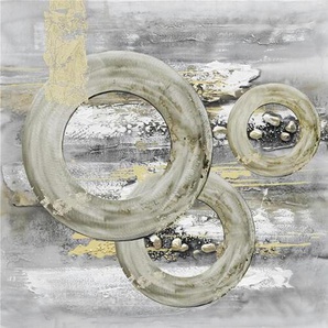 Monee Ölgemälde, Grau, Weiß, Gold, Holz, Textil, Kiefer, massiv, quadratisch, 55x55 cm, handgemalt, Keilrahmen, Bilder, Ölgemälde