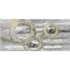 Monee Ölgemälde, Grau, Weiß, Gold, Holz, Textil, Kiefer, massiv, rechteckig, 120x55 cm, handgemalt, Keilrahmen, Bilder, Ölgemälde