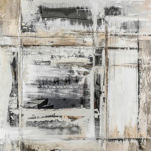 Monee Ölgemälde, Grau, Weiß, Holz, Kunststoff, Textil, Tanne, vollmassiv, quadratisch, 55x55 cm, handgemalt, Bilder, Ölgemälde