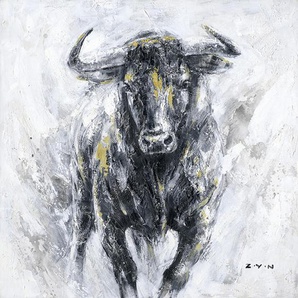 Monee Ölgemälde, Schwarz, Weiß, Gold, Holz, Kunststoff, Textil, Kiefer, vollmassiv, quadratisch, 85x85 cm, handgemalt, Keilrahmen, Bilder, Ölgemälde