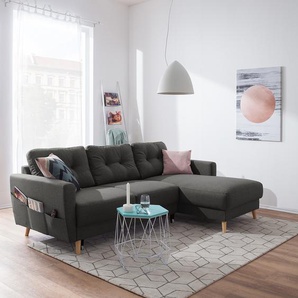 Ecksofa mit Longchair Schwarz/Grau/Dunkelgrau/Schwarz Webstoff Luba 223 x 90 x 148cm Longchair davorstehend rechts mit Schlaffunktion Skandi