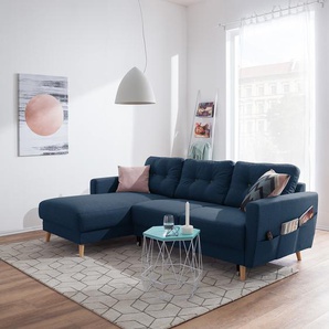 Ecksofa mit Longchair Blau/Grün/Jeansblau/Olivgrün Webstoff Luba 223 x 90 x 148cm Longchair davorstehend links mit Schlaffunktion Skandi