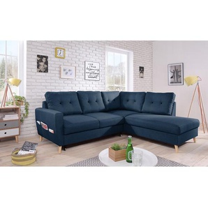 Ecksofa mit Ottomane Blau/Jeansblau Webstoff Luba 230 x 90 x 200cm Ottomane davorstehend rechts mit Schlaffunktion Skandi