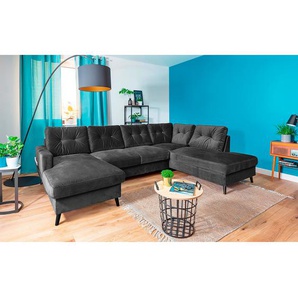 Wohnlandschaft Grau/Grau Samt Krysia 297 x 90 x 198cm Longchair davorstehend links / Ottomane rechts ohne Schlaffunktion Glamour