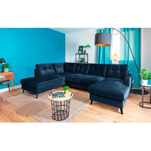 Wohnlandschaft Blau/Marineblau Samt Krysia 297 x 90 x 198cm Longchair davorstehend rechts / Ottomane links mit Schlaffunktion Glamour
