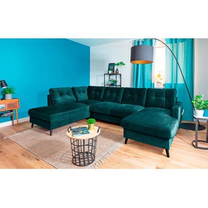 Wohnlandschaft Blau/Petrol Samt Krysia 297 x 90 x 200cm Longchair davorstehend rechts / Ottomane links mit Schlaffunktion Glamour