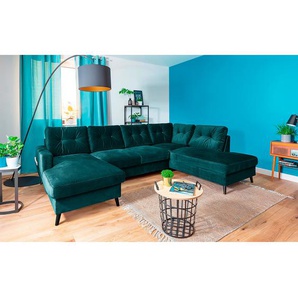 Wohnlandschaft Blau/Petrol Samt Krysia 297 x 90 x 200cm Longchair davorstehend links / Ottomane rechts mit Schlaffunktion Glamour