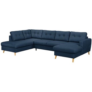 Wohnlandschaft Blau/Grün/Jeansblau/Olivgrün Webstoff Luba 290 x 90 x 200cm Longchair davorstehend rechts / Ottomane links mit Schlaffunktion