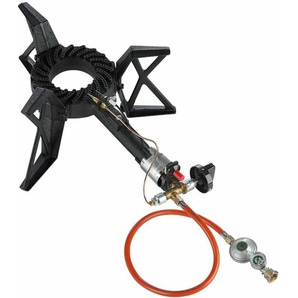 Mucola - Hockerkocher Piezozündung 3 Bein + Gasschlauch Manometer 6,5KW Gasdruckregler Gasbrenner Gusseisen Stahl Gaskocher Campingkocher