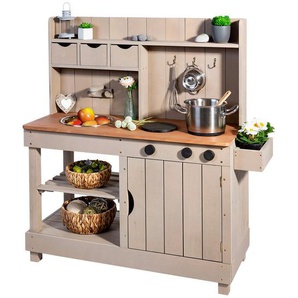 Muddy Buddy Matschküche Explorer, Grau, Holz, Metall, Zypresse, massiv, 40x105x102 cm, EN 71, mit Knöpfen, Holzschutz vorbehandelt, Spielzeug,