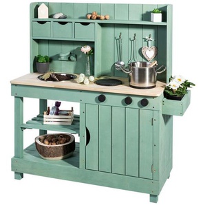 Muddy Buddy Matschküche Explorer, Pastellgrün, Holz, Metall, Zypresse, massiv, 40x105x102 cm, EN 71, mit Knöpfen, Holzschutz vorbehandelt, Spielzeug,