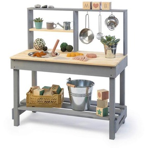 Muddy Buddy Matschküche Mud Starter, Grau, Natur, Holz, Metall, Zypresse, massiv, 40x90x80 cm, EN 71, mit Holzschutz vorbehandelt, Spielzeug,