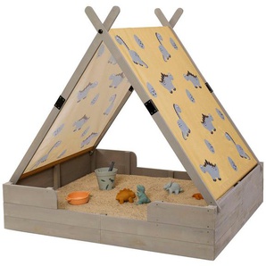MUDDY BUDDY® Sandkasten Dino Lover, (inkl. Abdeckplane aus PP), warmgrau, Holzschutz vorbehandelt, FSC® - schützt Wald - weltweit