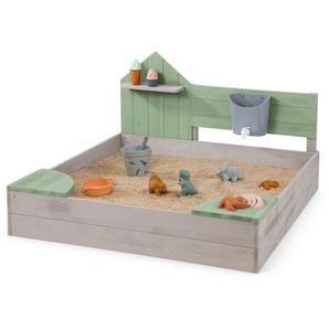 Muddy Buddy Sandkasten Cozy House, Grün, Hellgrau, Holz, 100x60x100 cm, Fsc, EN 71, Europäischer Sicherheitsstandard, Sitzfläche, mit Holzschutz