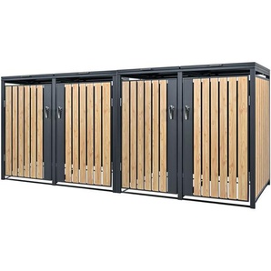 Mülltonnenbox 4er 4 Tonnen 240L 264x80x116,3cm Anthrazit-Lärchenoptik, Stahl wetterfest/abschließbar Mülltonnenverkleidung Klappdeckel/4 Türen,