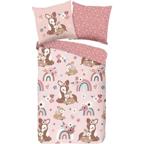 Muller Textil Good Morning Kinderbettbezug Bambi Hirsch mit Regenbogen - Rosa - (135x200 cm) - Baumwolle
