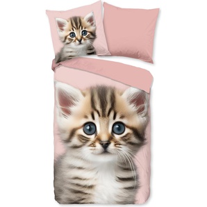 Muller Textil Good Morning Kinderbettbezug Katze / Kätzchen - Rosa - (135x200 cm) - Flanell Baumwolle Meow